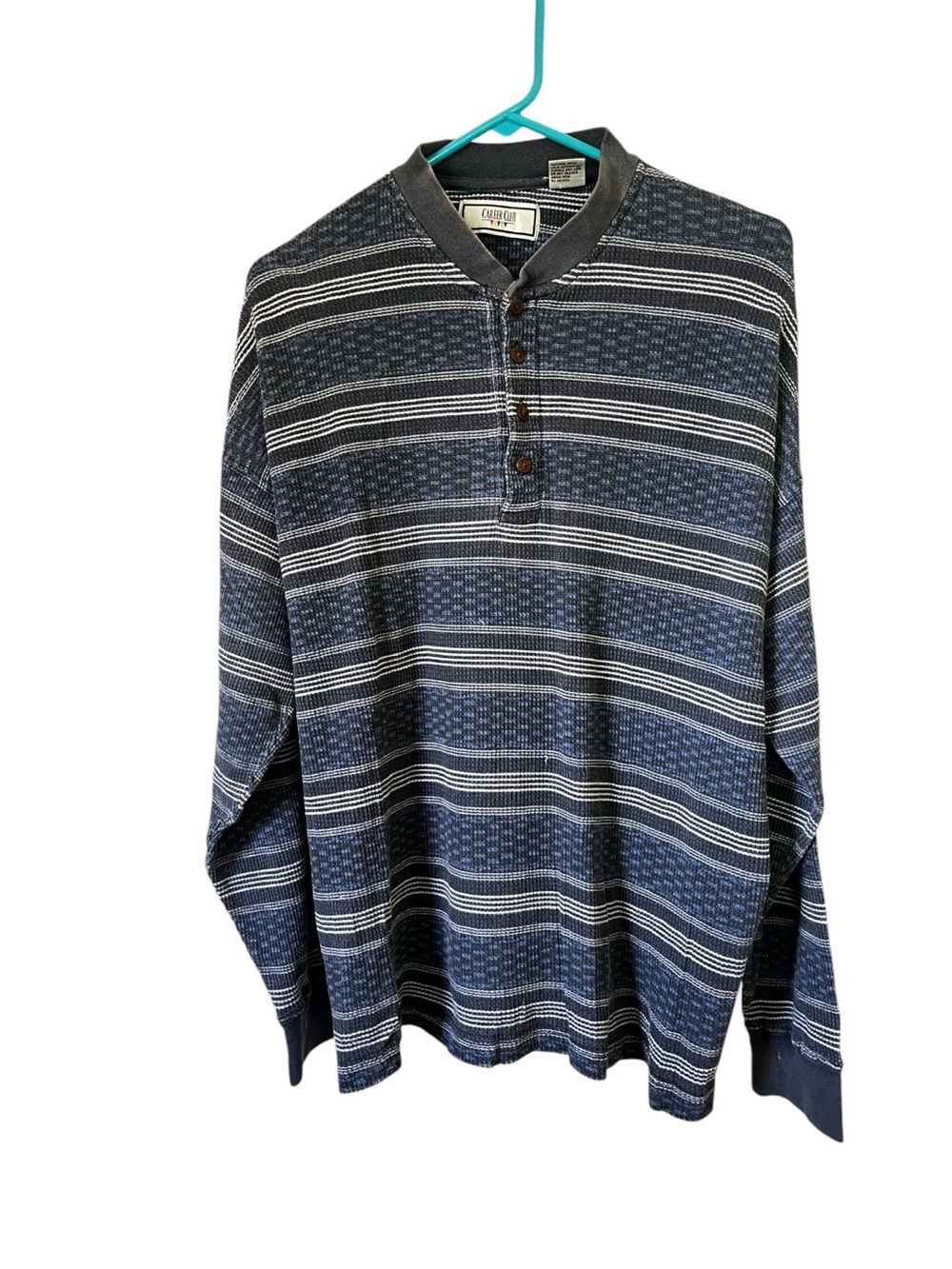 Vintage Blue Striped Henley Long Sleeve Dad Shirt